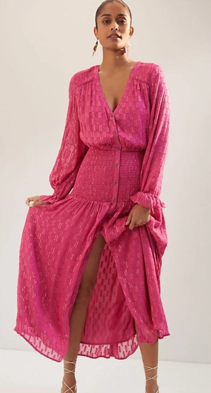 Anthropologie Dress Small Smocked Maxi Pink Metallic Fuchsia Boho Chic Whimsical